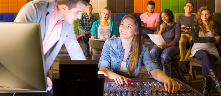 Sound design students collaborating in Digital Media Center studio
