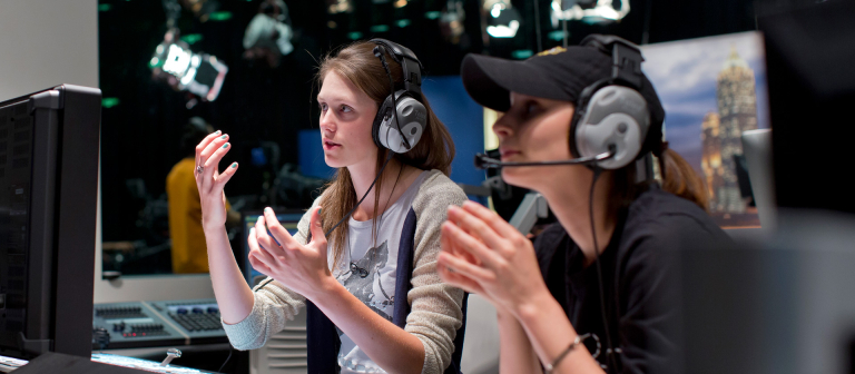 Television producing students working in control room of SCAD Atlanta Digital Media Center