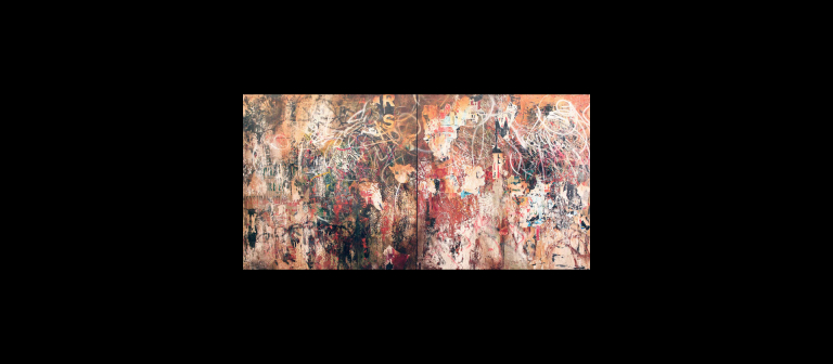 José Parlá, "DeKalb Ave. Station," mixed media on canvas, 6' x 12', 2011.