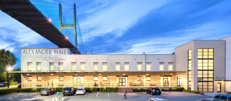Exterior of Alexander Hall in the evening