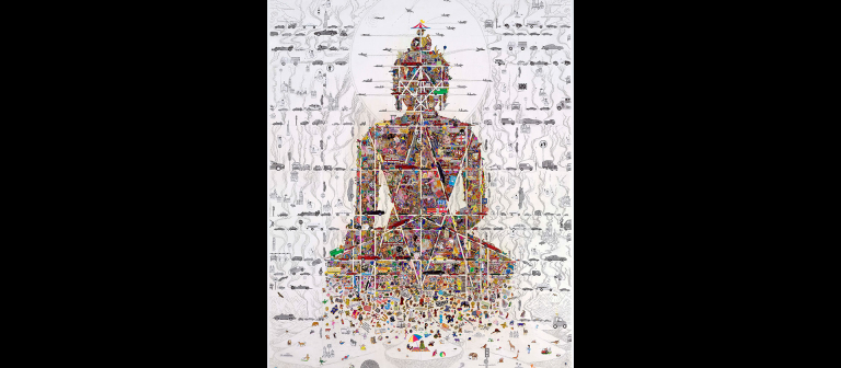 Gonkar Gyatso, "Buddha in Our Time," giclée and silkscreen with gold and silver leaf on paper, 27.5" x 22", 2010.