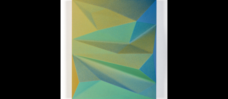 Photograph by Adam Kuehl, M.F.A. photography student, B.F.A., photography, 2005     Will Penny, M.F.A. painting, 2013, B.F.A. painting, 2008, "Gamut Relief VII, YBT Tint," acrylic on resin relief panel, 14" x 11.75" x 3", 2013.