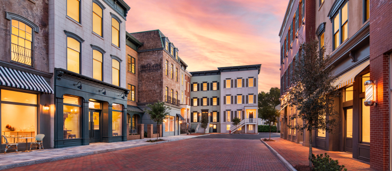 Savannah Film Studios Backlot is an faux road surrounded by three story building fronts made of different colored bricks and architectural styles.
