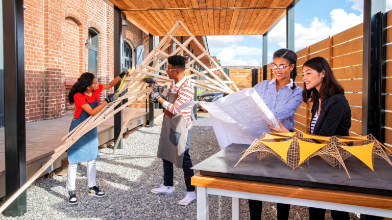 Students fabricate large-scale projects at Clark Hall’s outdoor building spaces