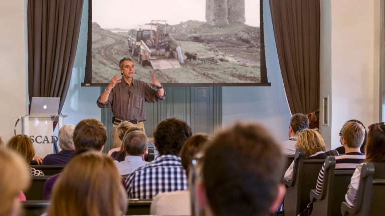 Jeremy Irons giving presentation to preservation design students Actor Jeremy Irons lecturing on preservation design in the Clarence Thomas Center chapel