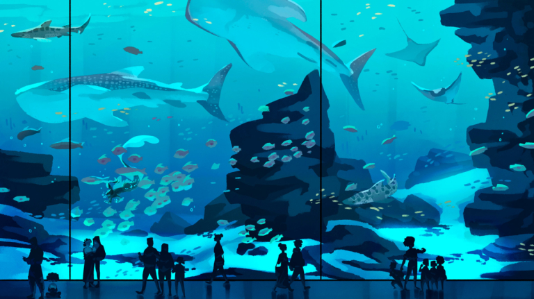 Illustration titled "Proverb" by Mary Kirkland that depicts people standings in front of a large aquarium.