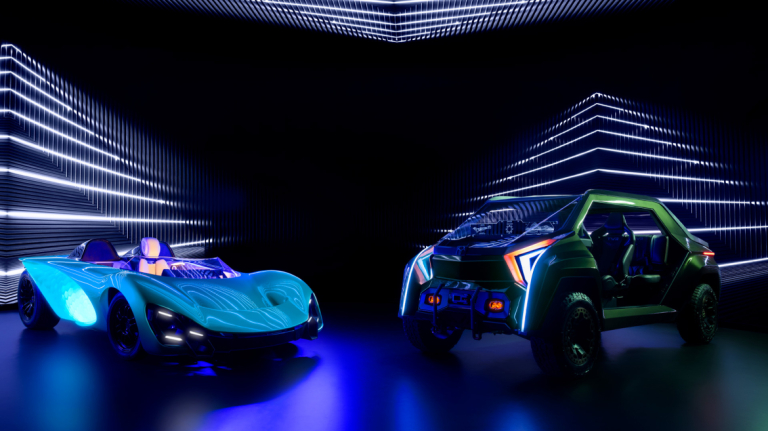Two concept cars, one sleek, teal, and one with open doors, rugged, and green.