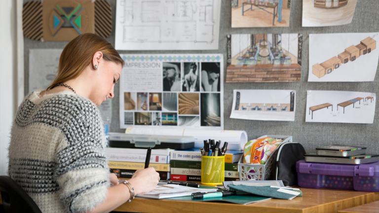 Interior design student working in studio