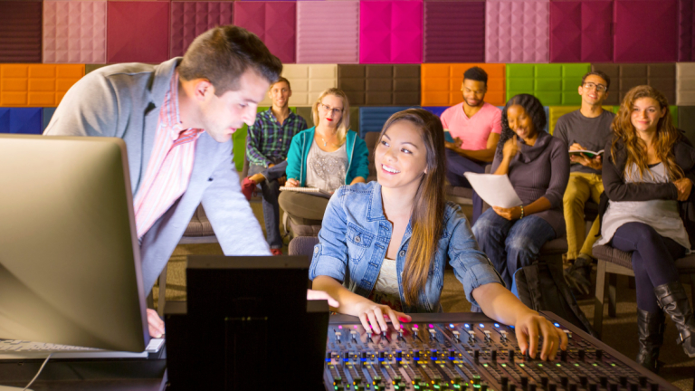 Sound design students collaborating in Digital Media Center studio