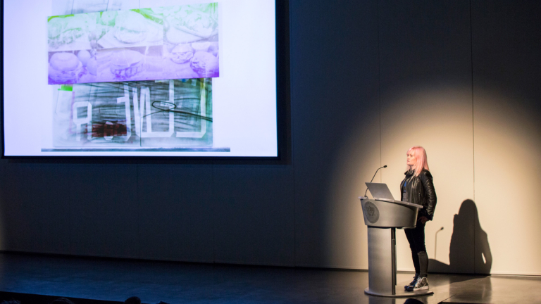 Speaker on stage at SCAD Museum of Art theater