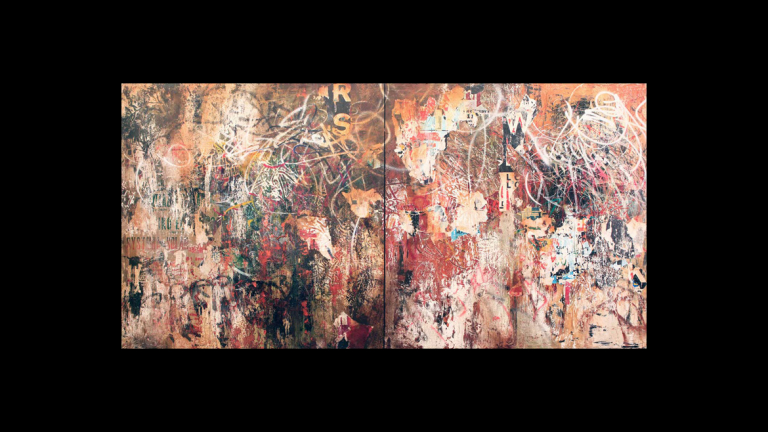 José Parlá, "DeKalb Ave. Station," mixed media on canvas, 6' x 12', 2011.