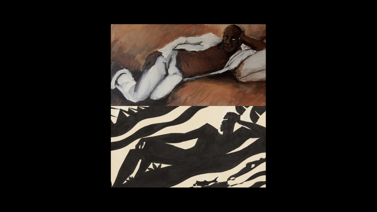Lynette Yiadom-Boakye, "Pas a Cote de N'importe Ou," 2010. Aaron Douglas, "The Negro Speaks of Rivers (For Langston Hughes)," 1941. 