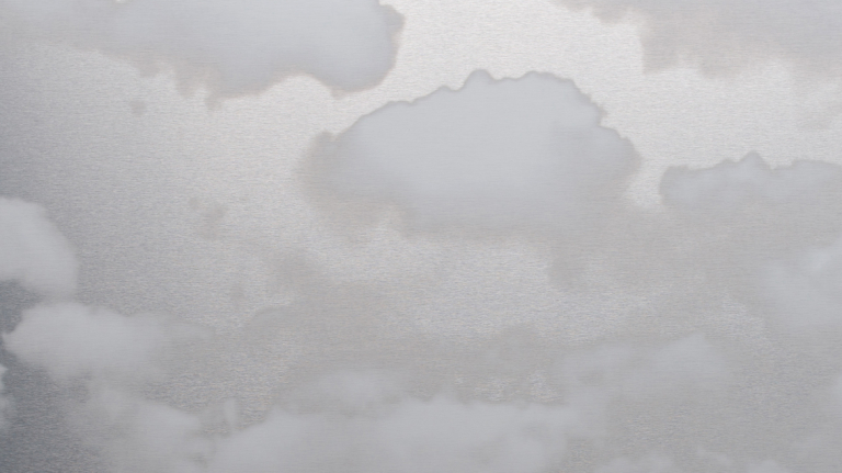 White clouds float against a steely gray background