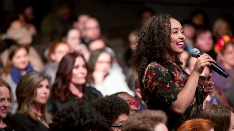 Audience member asking question at SCADshow screening