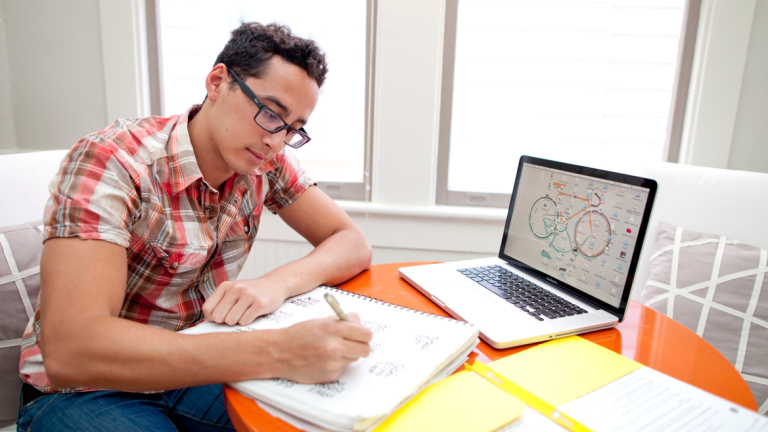 eLearning student studying at home Online student drawing on sketchpad