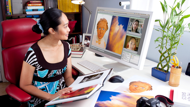 eLearning student using webcam to discuss work