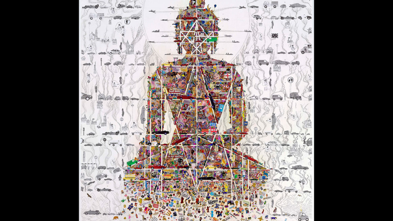 Gonkar Gyatso, "Buddha in Our Time," giclée and silkscreen with gold and silver leaf on paper, 27.5" x 22", 2010.