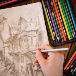 Illustration student sketching Illustration closeup with hand sketching with pencil