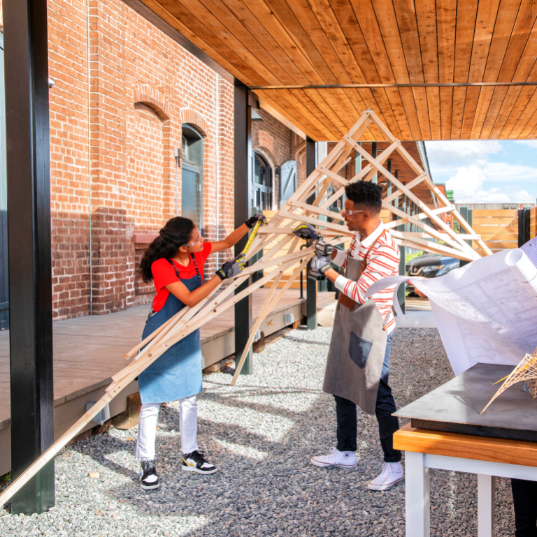 Students fabricate large-scale projects at Clark Hall’s outdoor building spaces