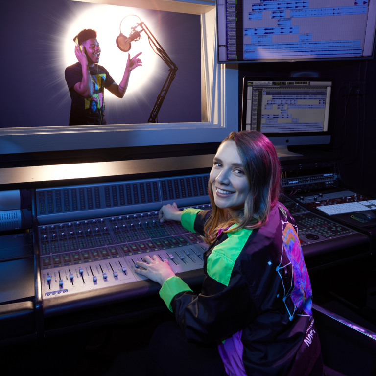 Sound design student in the studio