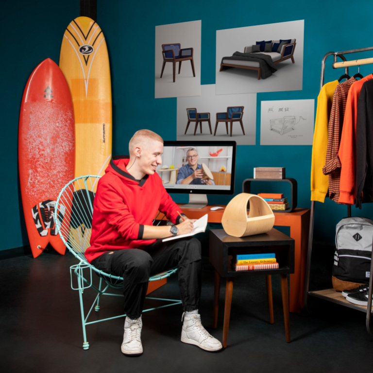 Furniture design student works remotely with a professor 