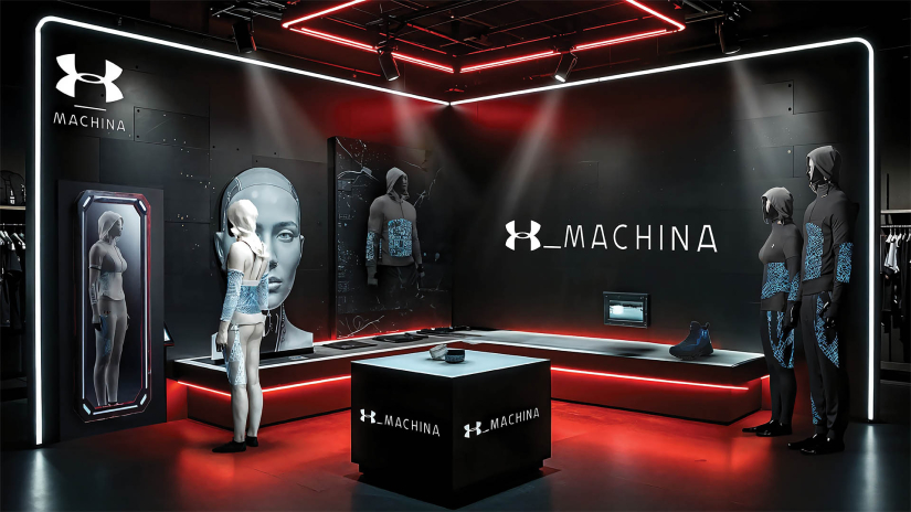 Student work for advertising and branding, 2026 - "X_MACHINA — The Skin of a New Generation" store activation | Ariana Spitaleri, Sakshi Shinde, Brinda Kannan, and Vanshika Sangal 