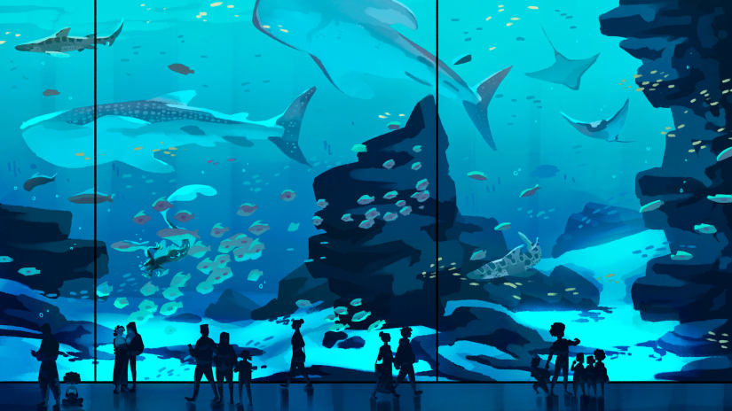 Illustration titled "Proverb" by Mary Kirkland that depicts people standings in front of a large aquarium.