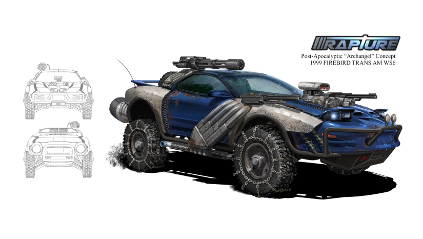 Illustration titled "Post-Apocalyptic 'Archangel' Concept 1999 FIREBIRD TRANS AM WS6" by Ross Persichetti