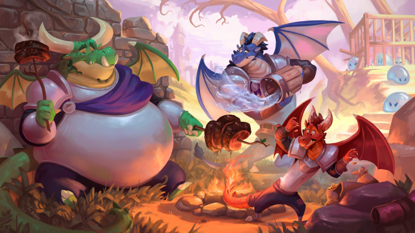 Untitled illustration by Ryan Harrell that depicts three fantasy dragons cooking dinner.
