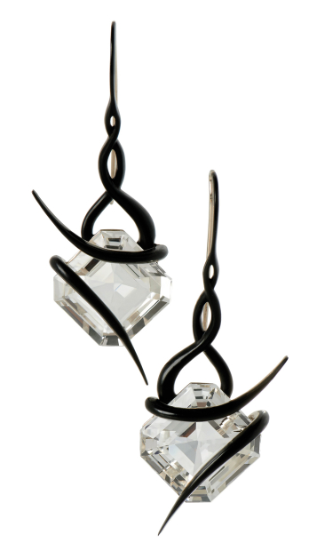 Student work for jewelry design, white topaz and ceramic earrings made by Patrick Taiwo for Taffin.