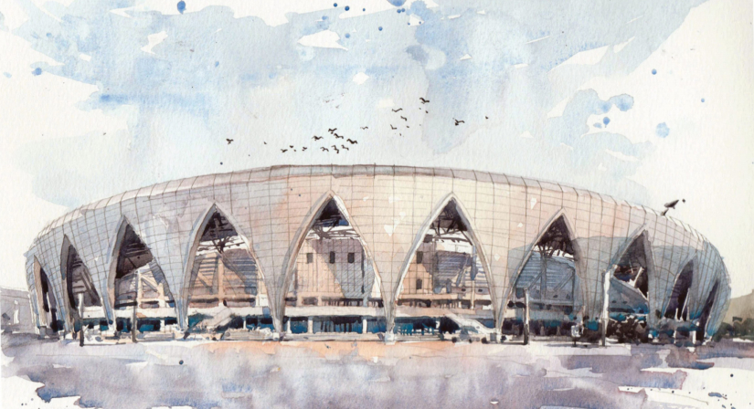Painting student work “Linxia Olympic Stadium” by Shunzhi Yao 