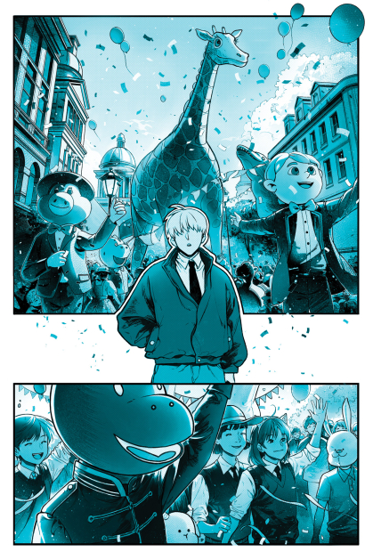 Student work for sequential art, panel from "Peach Blossom Land" by Amaris Lu.
