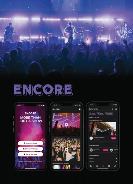 Student work for service design, "Encore" app design for connecting music fans "gig tripping" along with the tours of their favorite artists or festivals.