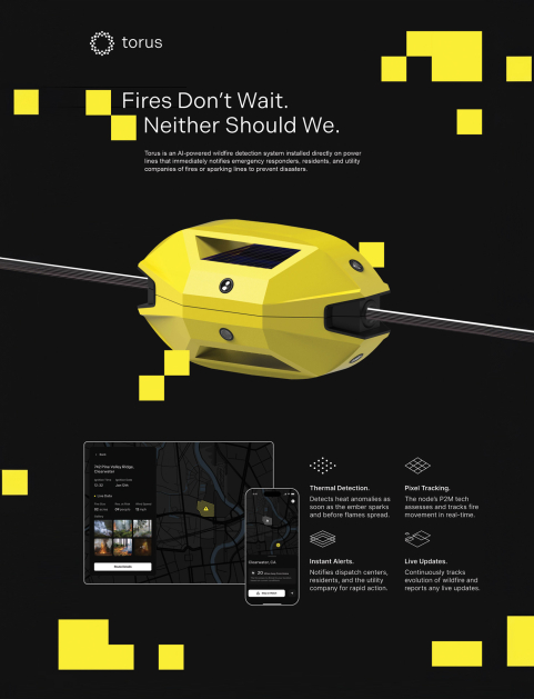 Student work for user experience (ux) design, conceptualization for "Torus" program that detects potential wildfire risks that spark from overhead power lines.