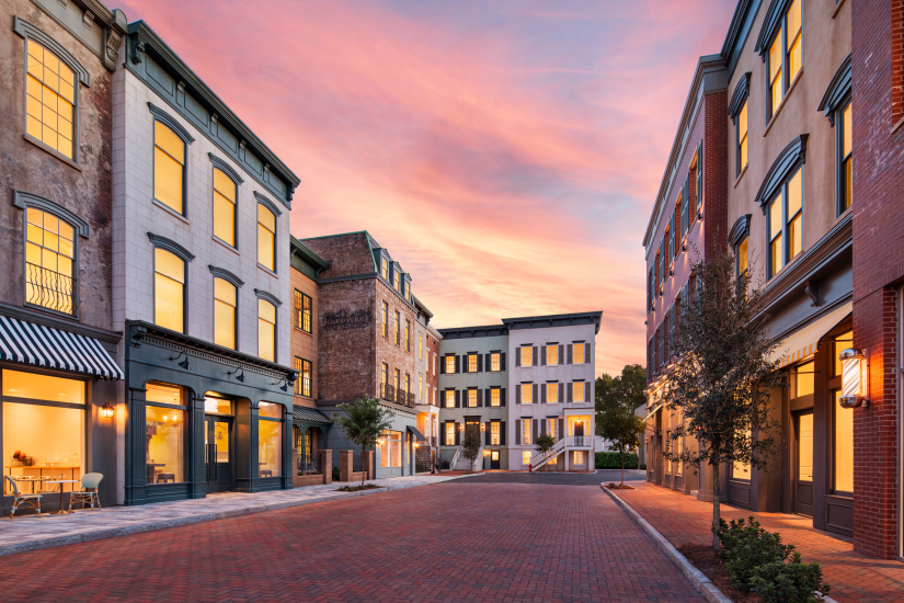 Savannah Film Studios Backlot is an faux road surrounded by three story building fronts made of different colored bricks and architectural styles.